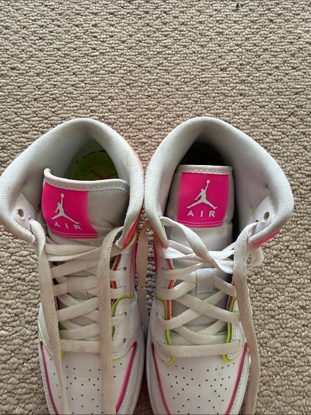 Jordan Kids White Sneakers with Neon Pink, Orange & Yellow Accents